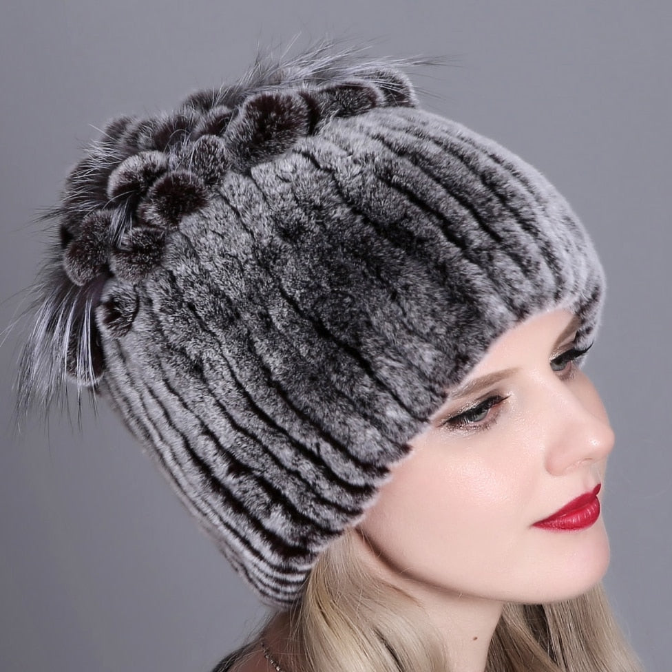 Women Winter Natural Rex Rabbit Fox Fur Cap - CTHOPER