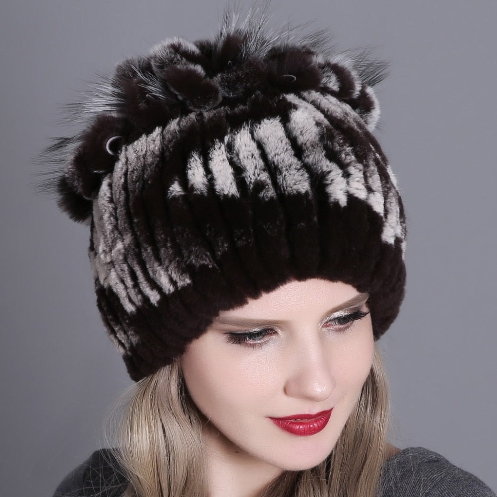 Women Winter Natural Rex Rabbit Fox Fur Cap - CTHOPER