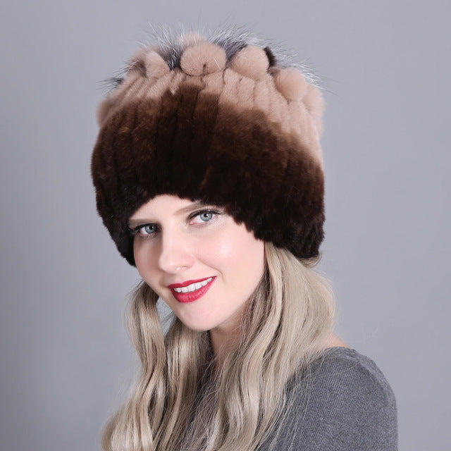 Women Winter Natural Rex Rabbit Fox Fur Cap - CTHOPER