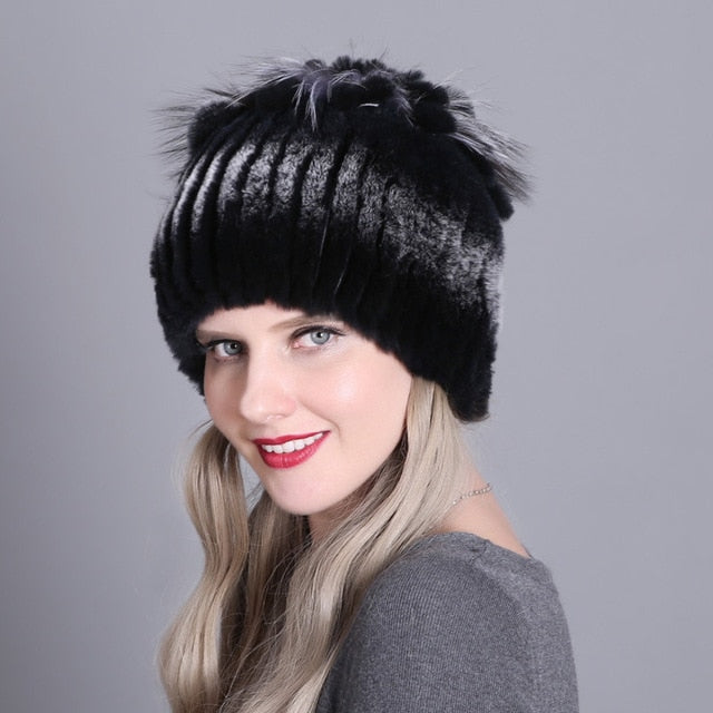 Women Winter Natural Rex Rabbit Fox Fur Cap - CTHOPER