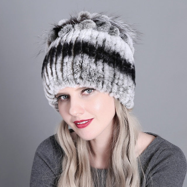 Women Winter Natural Rex Rabbit Fox Fur Cap - CTHOPER