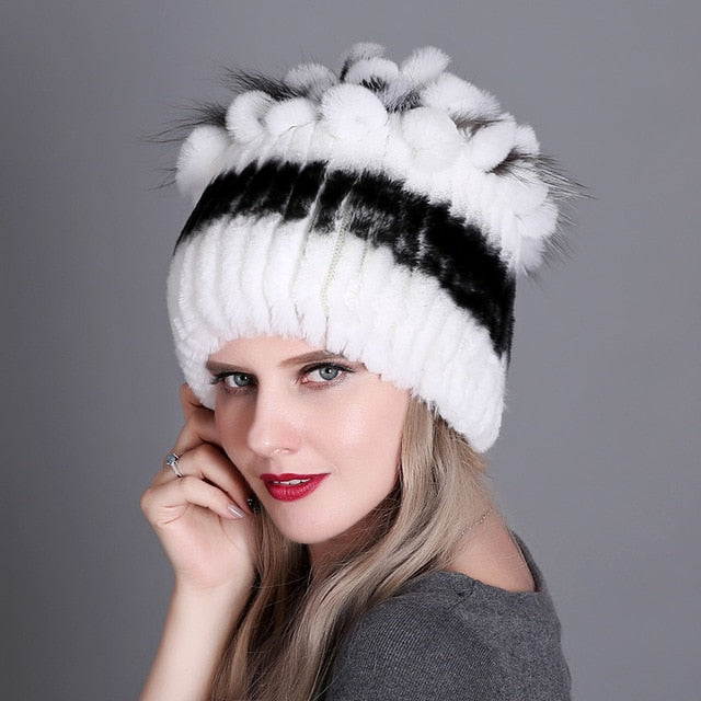 Women Winter Natural Rex Rabbit Fox Fur Cap - CTHOPER