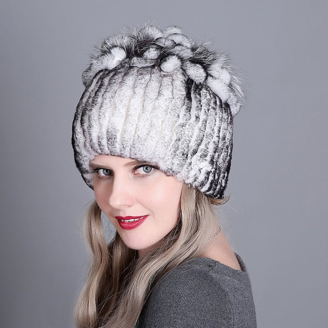 Women Winter Natural Rex Rabbit Fox Fur Cap - CTHOPER