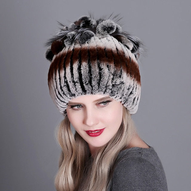 Women Winter Natural Rex Rabbit Fox Fur Cap - CTHOPER