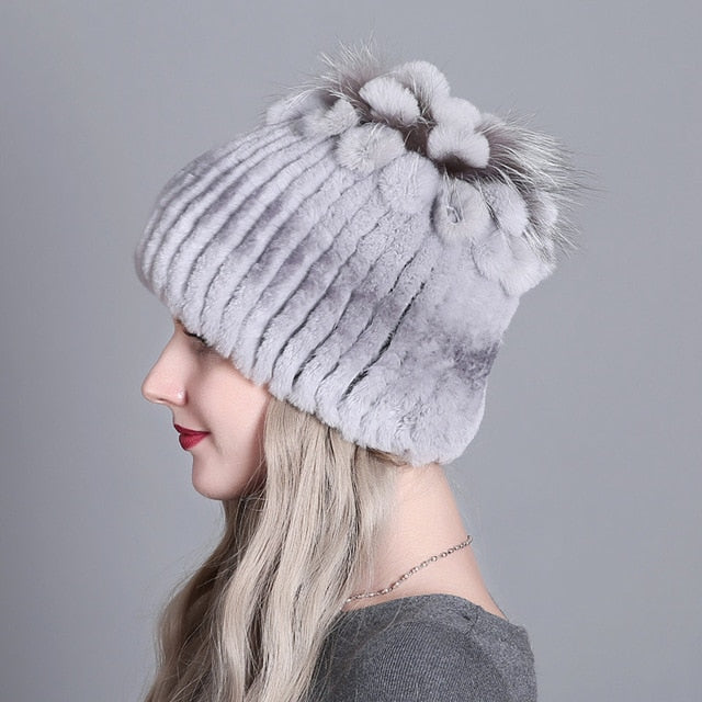 Women Winter Natural Rex Rabbit Fox Fur Cap - CTHOPER