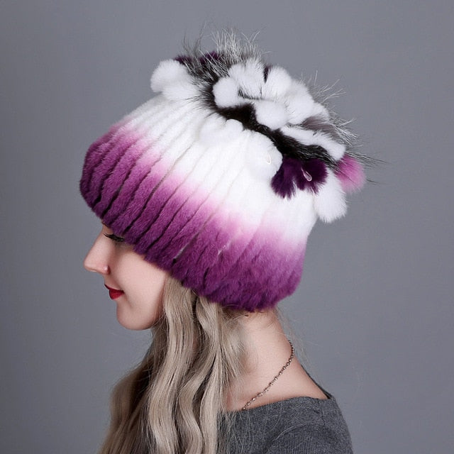 Women Winter Natural Rex Rabbit Fox Fur Cap - CTHOPER