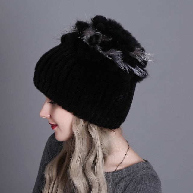 Women Winter Natural Rex Rabbit Fox Fur Cap - CTHOPER