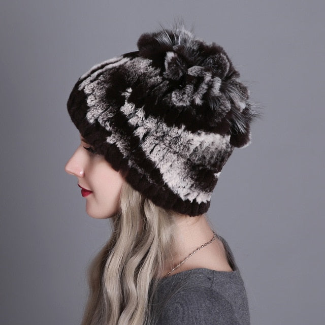 Women Winter Natural Rex Rabbit Fox Fur Cap - CTHOPER