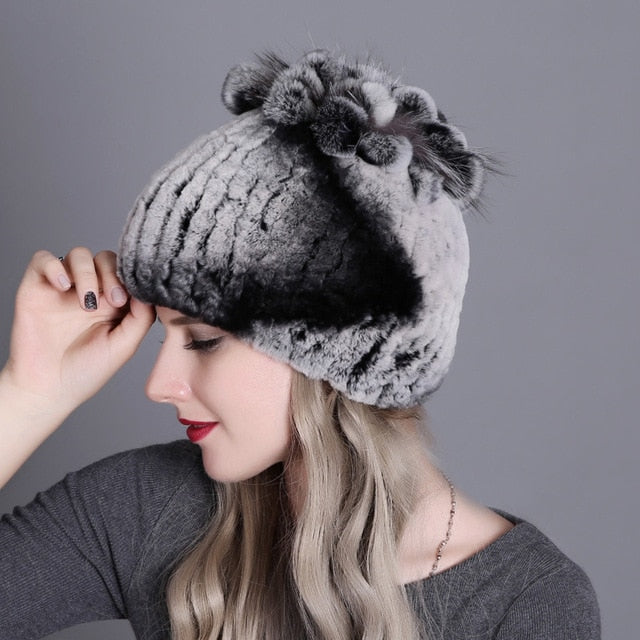 Women Winter Natural Rex Rabbit Fox Fur Cap - CTHOPER