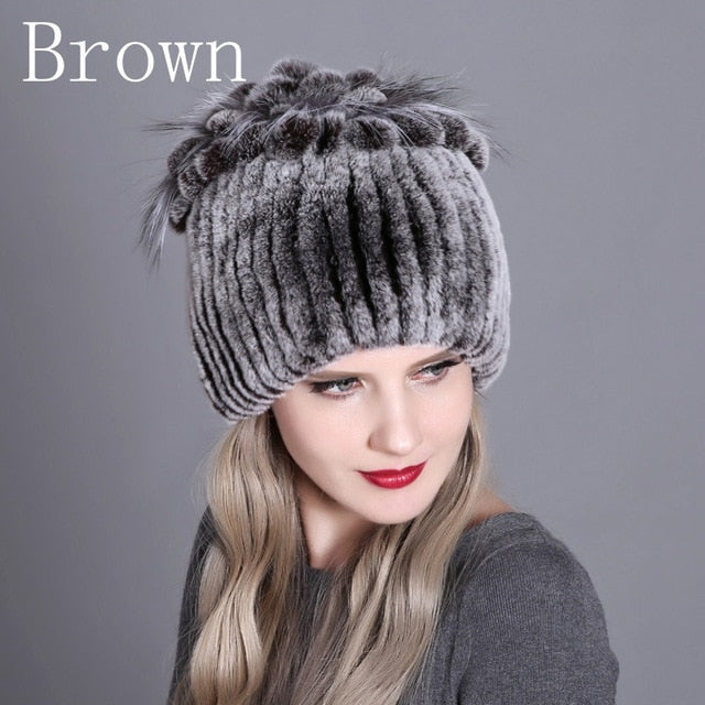 Women Winter Natural Rex Rabbit Fox Fur Cap - CTHOPER