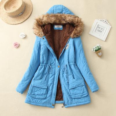 2019 Women's Winter Hooded Fur Collar Waist And Velvet Thick Warm Long Cotton Jacket Coat - CTHOPER