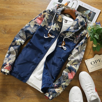 Mens Hooded Slim Fit Floral  Long Sleeve Homme Windbreaker Jacket Coat - CTHOPER