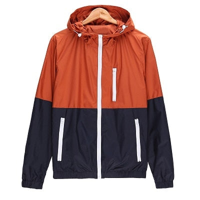 Men Hooded Contrast Color Zipper up Lightweight Windbreaker Jacket - CTHOPER