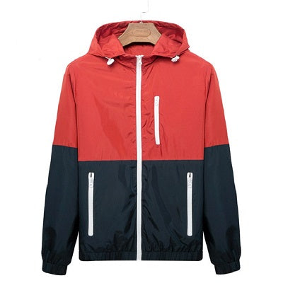 Men Hooded Contrast Color Zipper up Lightweight Windbreaker Jacket - CTHOPER