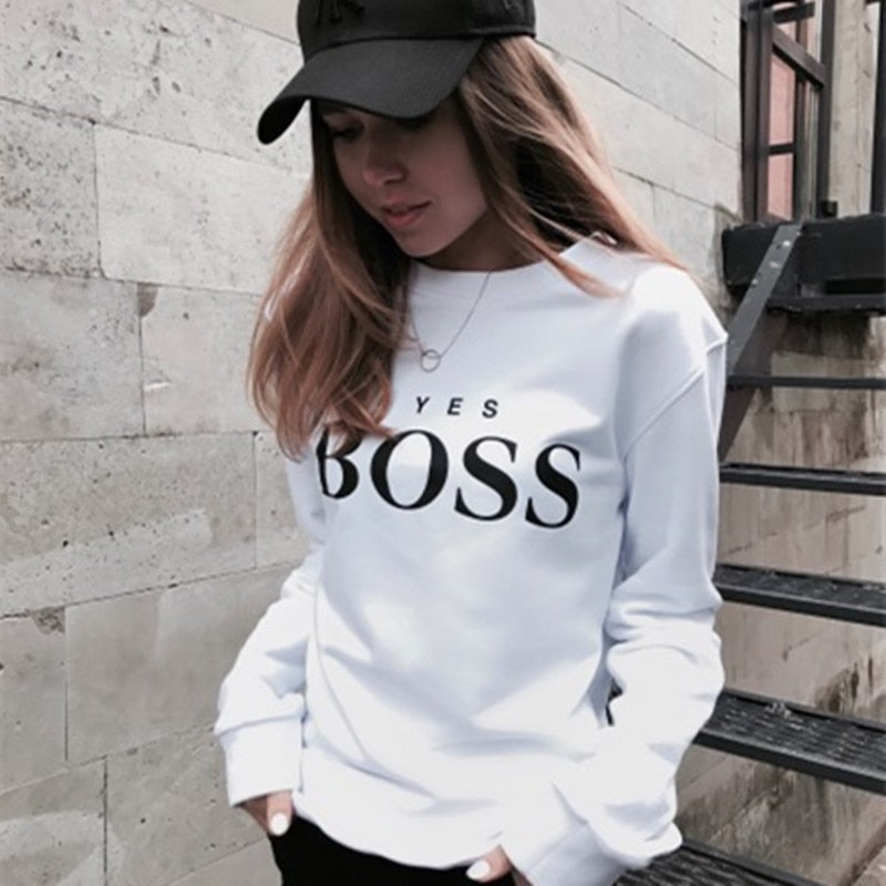 Womens "Yes Boss" Letter Printed Long Sleeve O Neck Hoodie Sweatshirt - CTHOPER