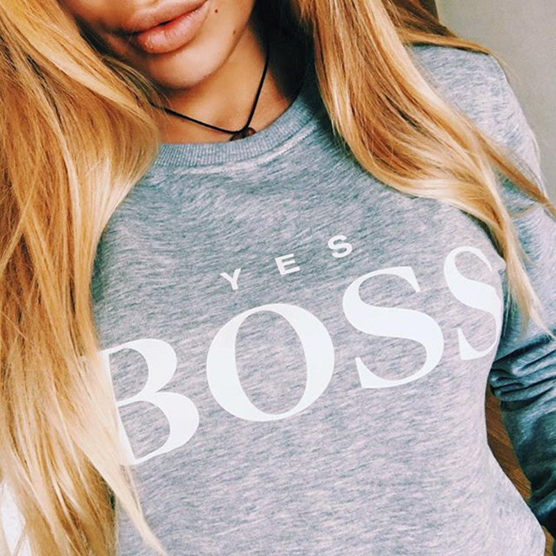 Womens "Yes Boss" Letter Printed Long Sleeve O Neck Hoodie Sweatshirt - CTHOPER