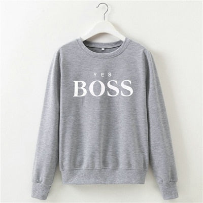 Womens "Yes Boss" Letter Printed Long Sleeve O Neck Hoodie Sweatshirt - CTHOPER