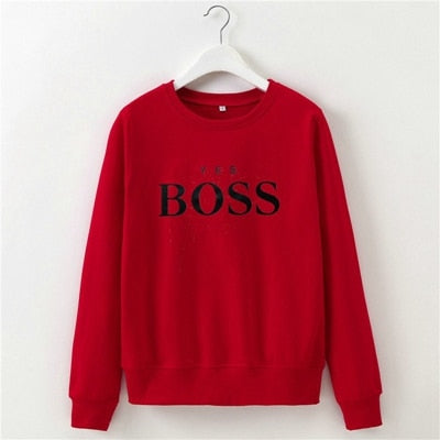 Womens "Yes Boss" Letter Printed Long Sleeve O Neck Hoodie Sweatshirt - CTHOPER