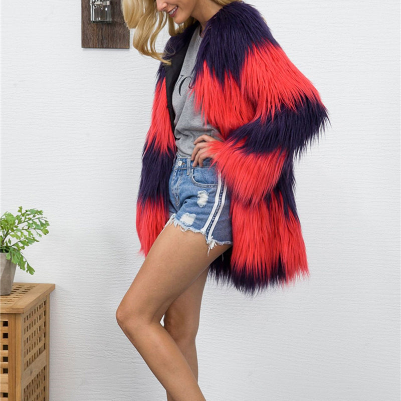 Women Long Patchwork Vintage Faux Fur Coat - CTHOPER