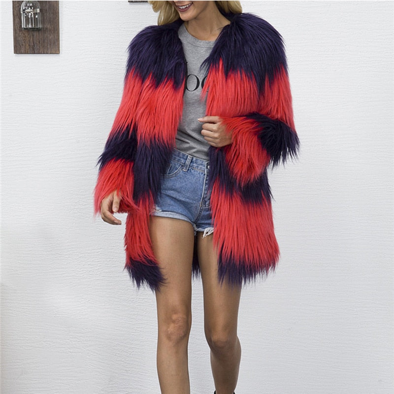 Women Long Patchwork Vintage Faux Fur Coat - CTHOPER