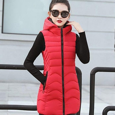 Women Winter Plus Size Hooded Sleeveless Slim Vest Coat - CTHOPER