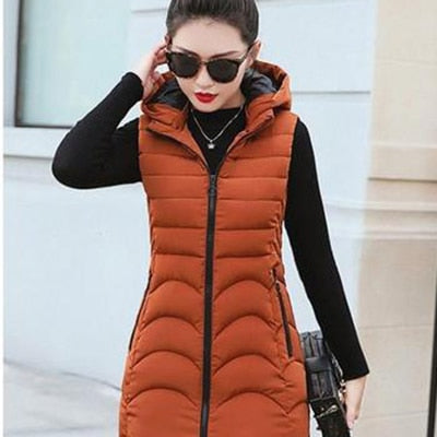 Women Winter Plus Size Hooded Sleeveless Slim Vest Coat - CTHOPER